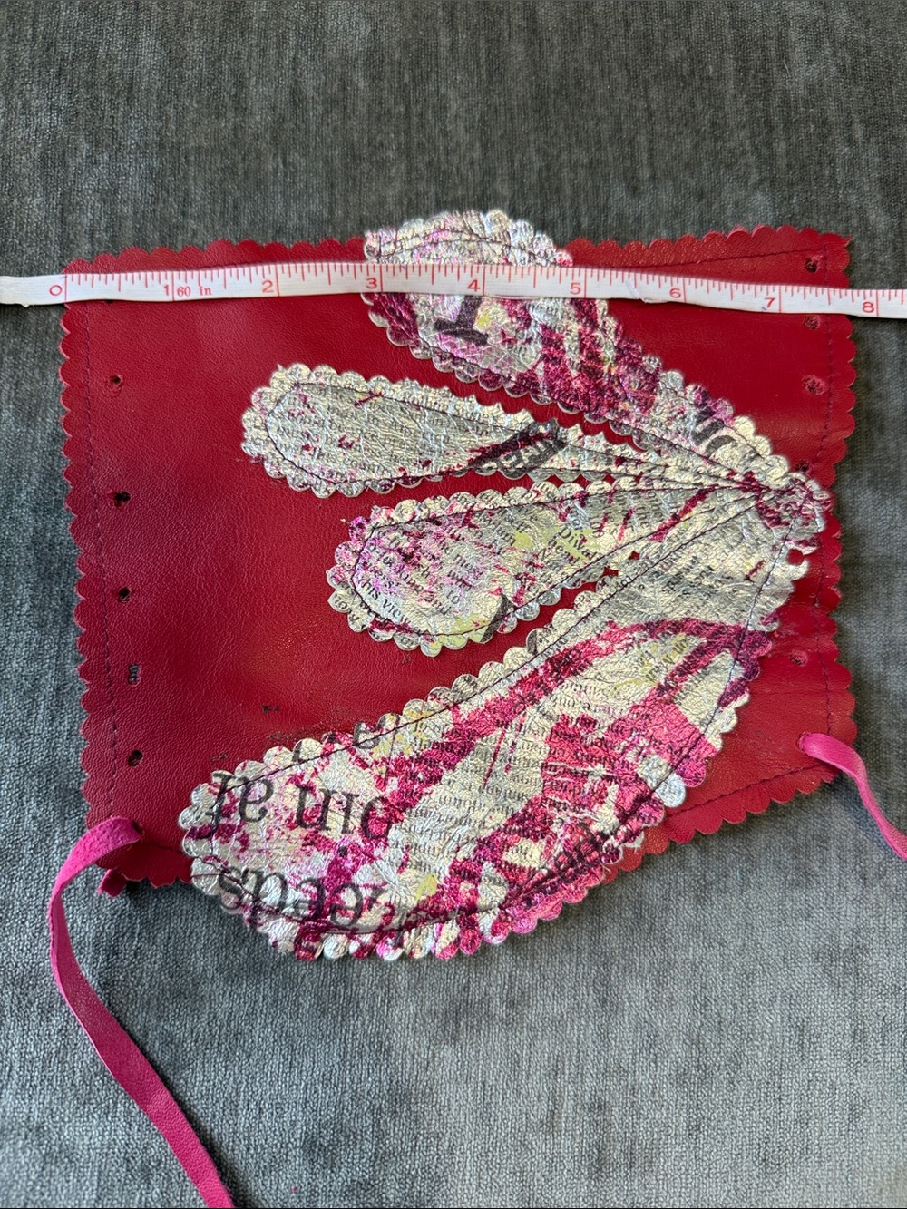 Red and Pink Leather Cuff Glove with Metallic Accents. - Picture 2 of 8